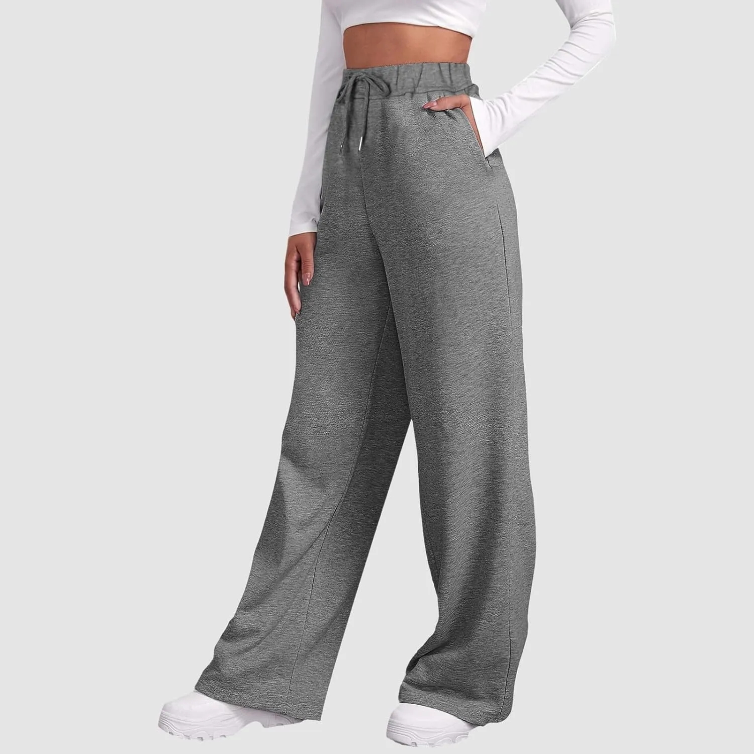 Women Fashion Sweatpants Solid High Waisted Pants Loose Fit Quick Drying Straight Leg Trousers with Pockets