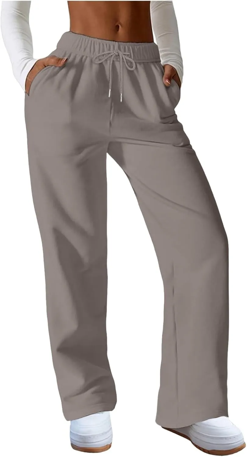 Women Fashion Sweatpants Solid High Waisted Pants Loose Fit Quick Drying Straight Leg Trousers with Pockets
