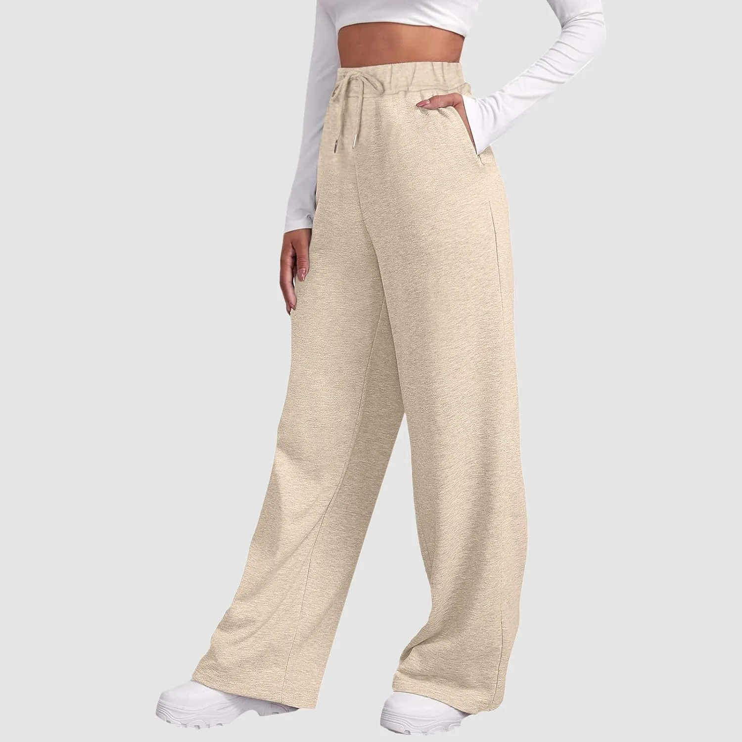 Women Fashion Sweatpants Solid High Waisted Pants Loose Fit Quick Drying Straight Leg Trousers with Pockets