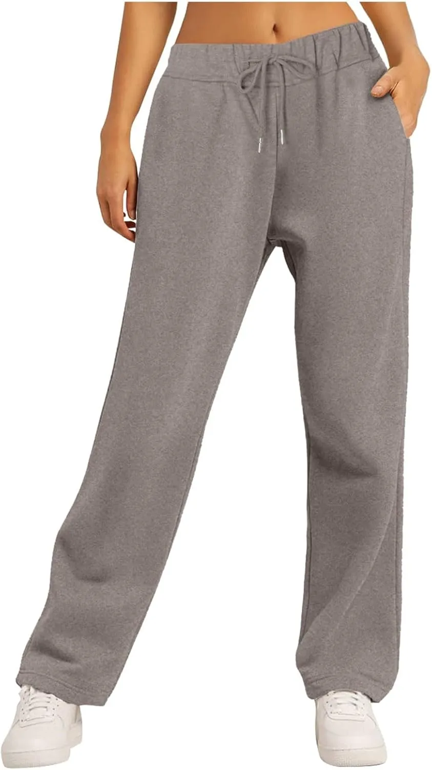 Women Fashion Sweatpants Solid High Waisted Pants Loose Fit Quick Drying Straight Leg Trousers with Pockets
