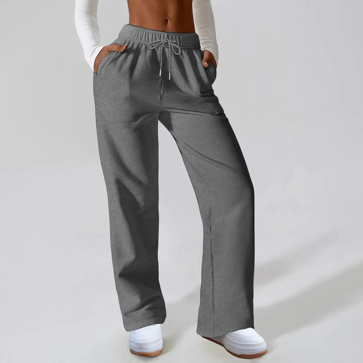 Women Fashion Sweatpants Solid High Waisted Pants Loose Fit Quick Drying Straight Leg Trousers with Pockets