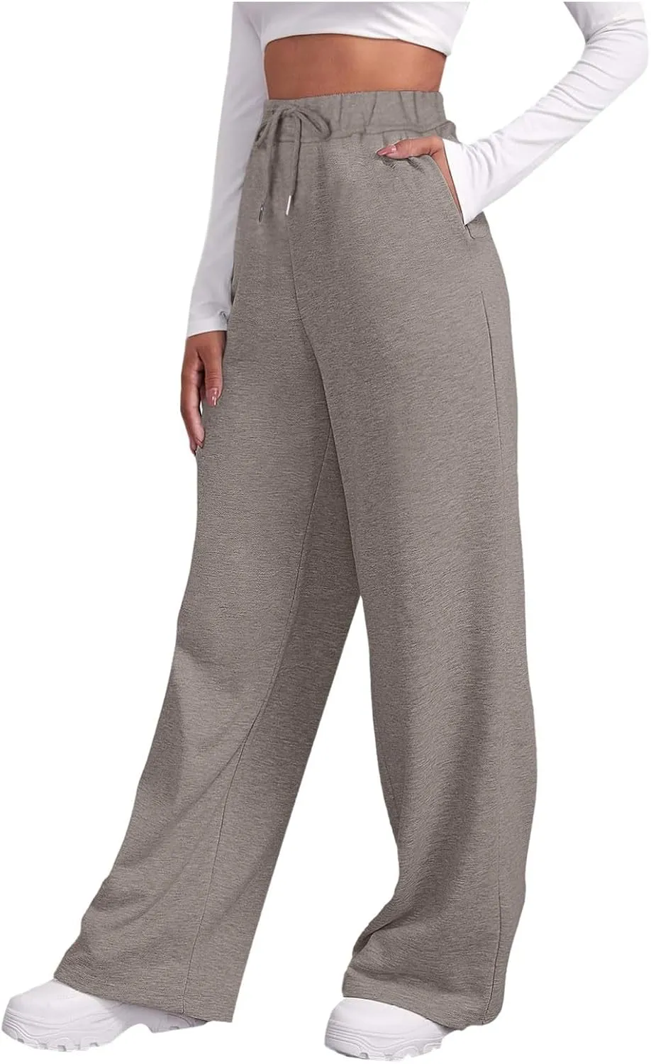 Women Fashion Sweatpants Solid High Waisted Pants Loose Fit Quick Drying Straight Leg Trousers with Pockets