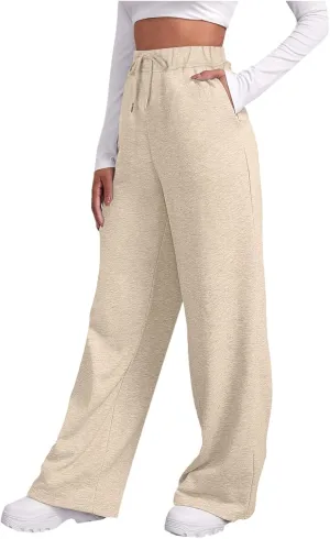 Women Fashion Sweatpants Solid High Waisted Pants Loose Fit Quick Drying Straight Leg Trousers with Pockets
