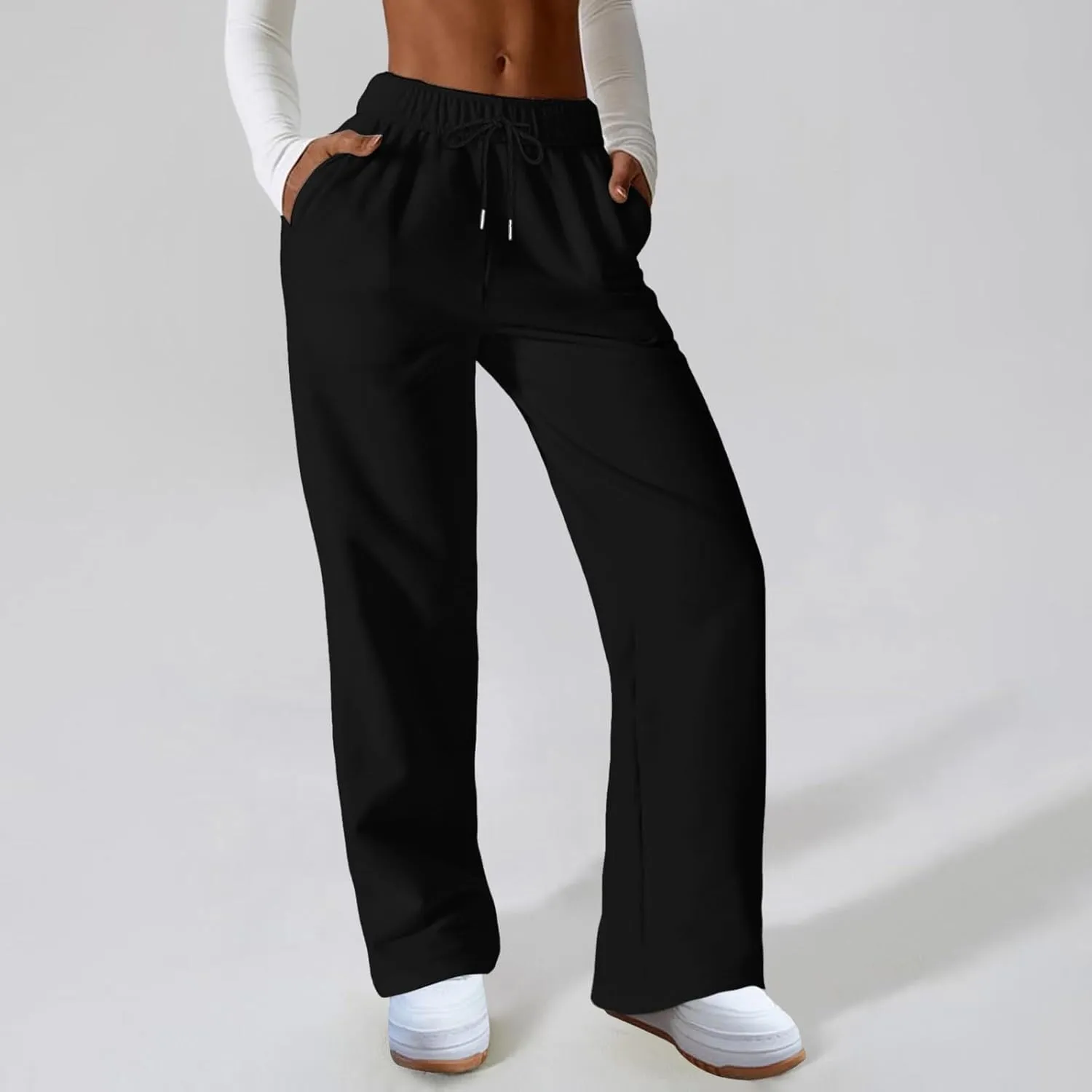 Women Fashion Sweatpants Solid High Waisted Pants Loose Fit Quick Drying Straight Leg Trousers with Pockets