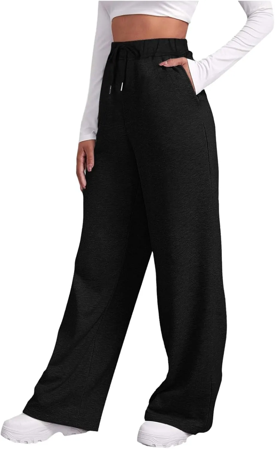 Women Fashion Sweatpants Solid High Waisted Pants Loose Fit Quick Drying Straight Leg Trousers with Pockets