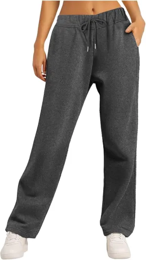 Women Fashion Sweatpants Solid High Waisted Pants Loose Fit Quick Drying Straight Leg Trousers with Pockets