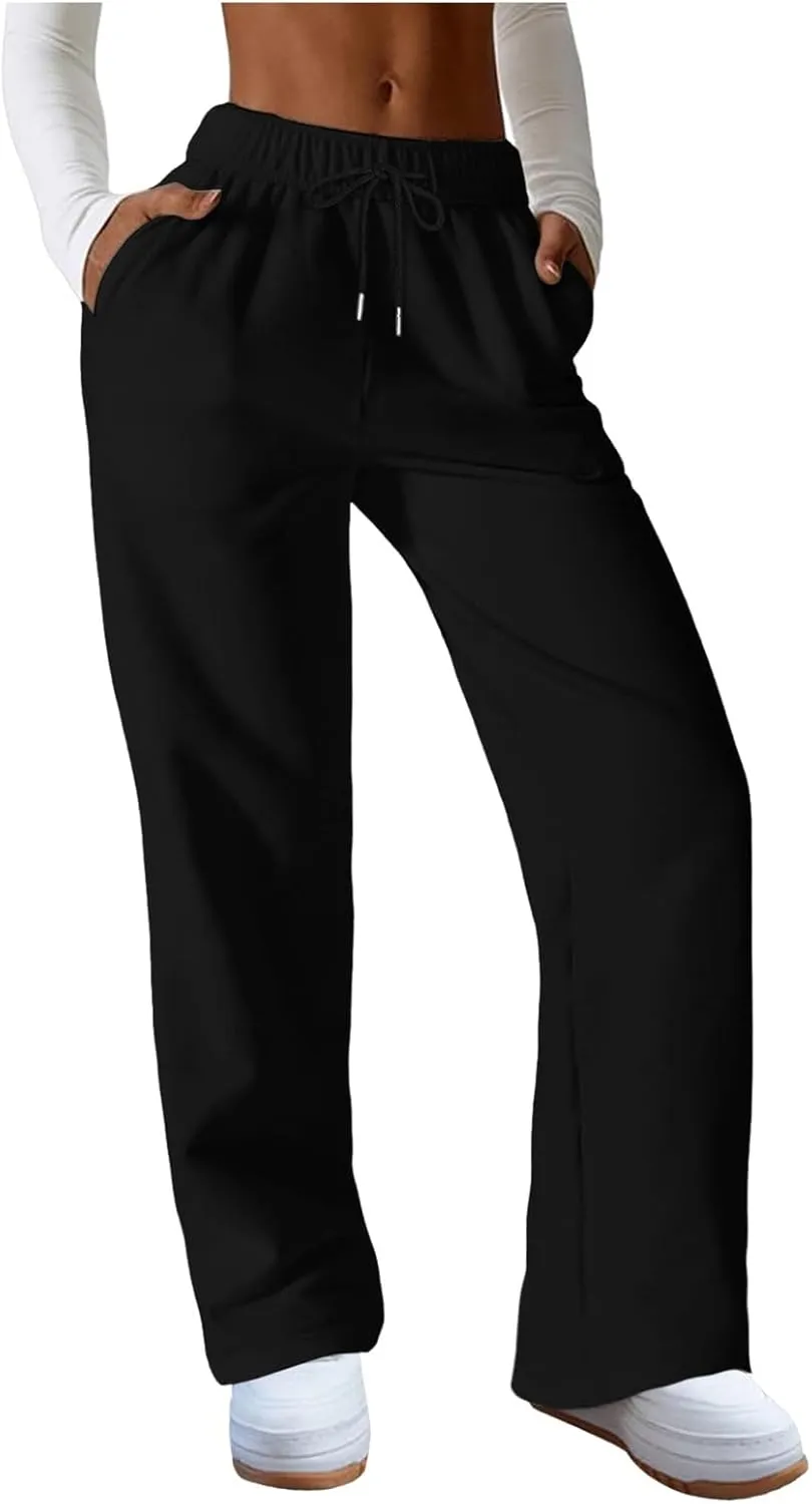 Women Fashion Sweatpants Solid High Waisted Pants Loose Fit Quick Drying Straight Leg Trousers with Pockets