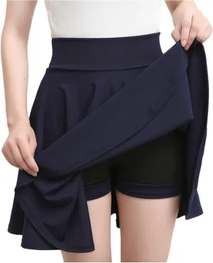 Women Flared Pleated Mini Skirts with Built in Shorts Workout Athletic Stretchy High Waist Tennis Skater Skirt