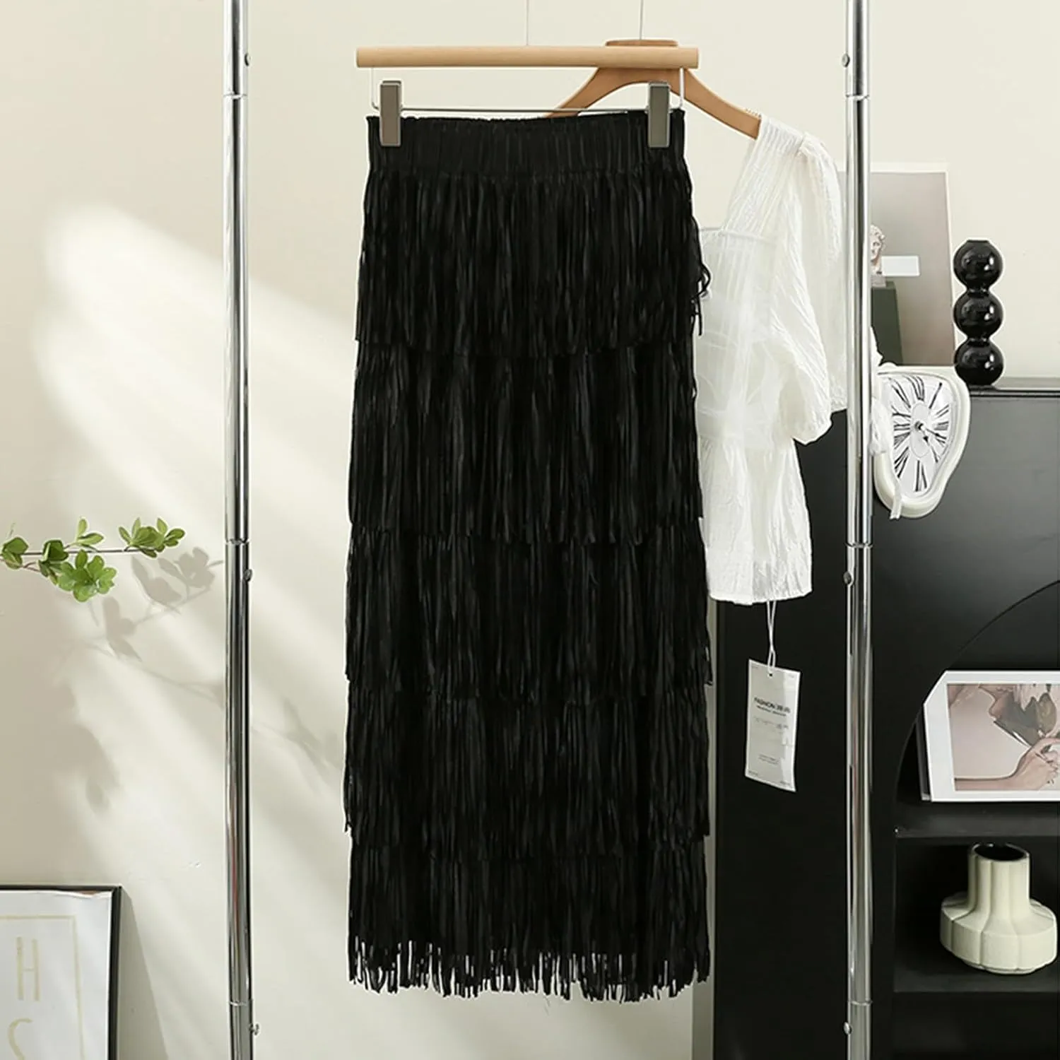 Women Fringe Skirt Solid Color High Waist Mesh Tiered Tassel Midi Skirts 2025 Fashion Elegant Vacation Beach Skorts