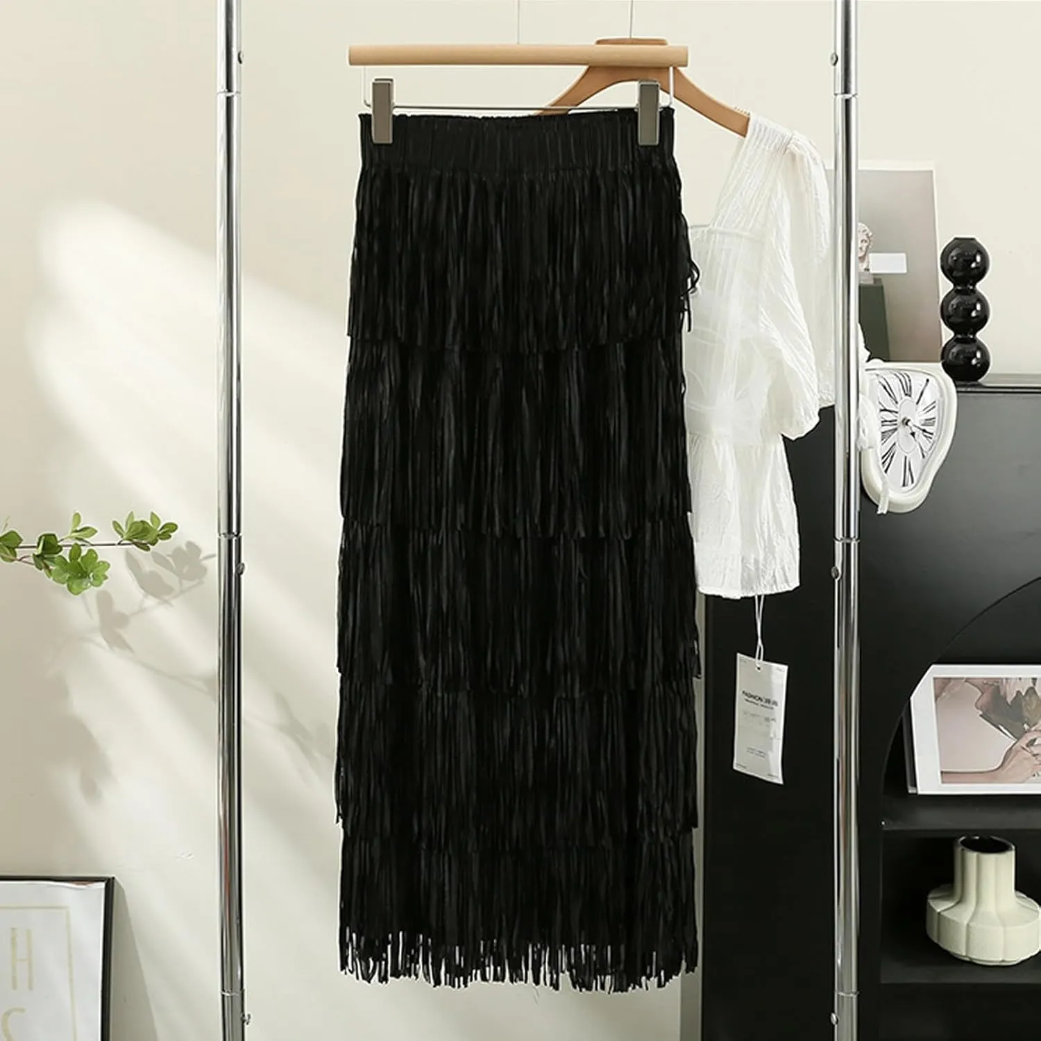 Women Fringe Skirt Solid Color High Waist Mesh Tiered Tassel Midi Skirts 2025 Fashion Elegant Vacation Beach Skorts