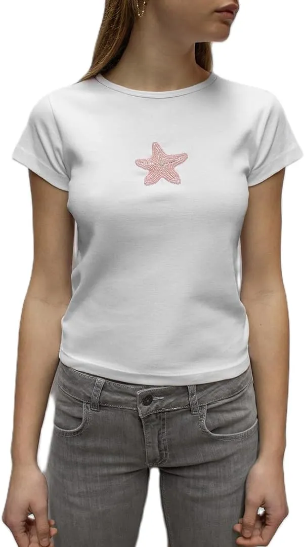 Women Graphic Print Baby Tees Vintage Aesthetic Short Sleeve Crewneck Crop Top Teen Girls Slim Fit T Shirt