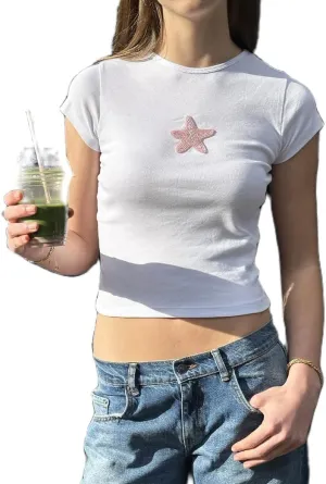 Women Graphic Print Baby Tees Vintage Aesthetic Short Sleeve Crewneck Crop Top Teen Girls Slim Fit T Shirt