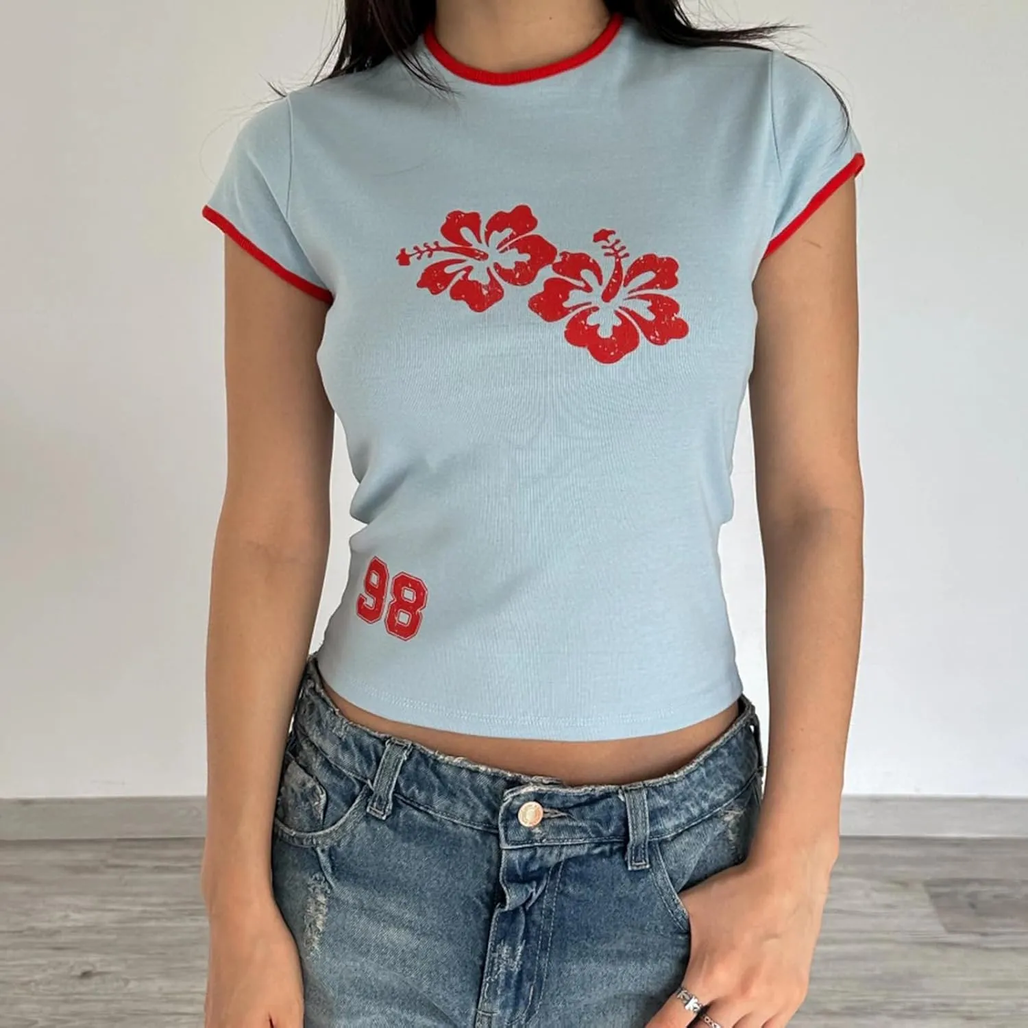 Women Hawaii Hibiscus Baby Tees Y2K Short Sleeve Crewneck Slim Crop Top 90s E Girls Retro Aesthetic Graphic T Shirt