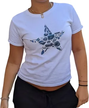 Women Hawaii Hibiscus Baby Tees Y2K Short Sleeve Crewneck Slim Crop Top 90s E Girls Retro Aesthetic Graphic T Shirt