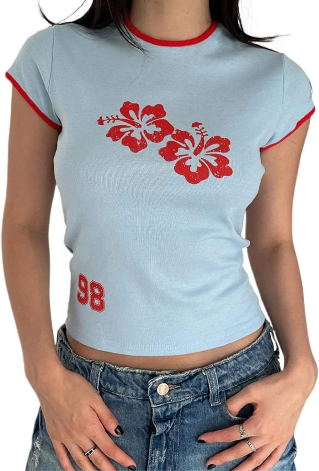 Women Hawaii Hibiscus Baby Tees Y2K Short Sleeve Crewneck Slim Crop Top 90s E Girls Retro Aesthetic Graphic T Shirt