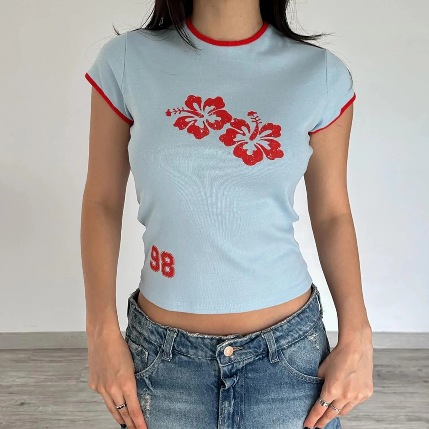 Women Hawaii Hibiscus Baby Tees Y2K Short Sleeve Crewneck Slim Crop Top 90s E Girls Retro Aesthetic Graphic T Shirt