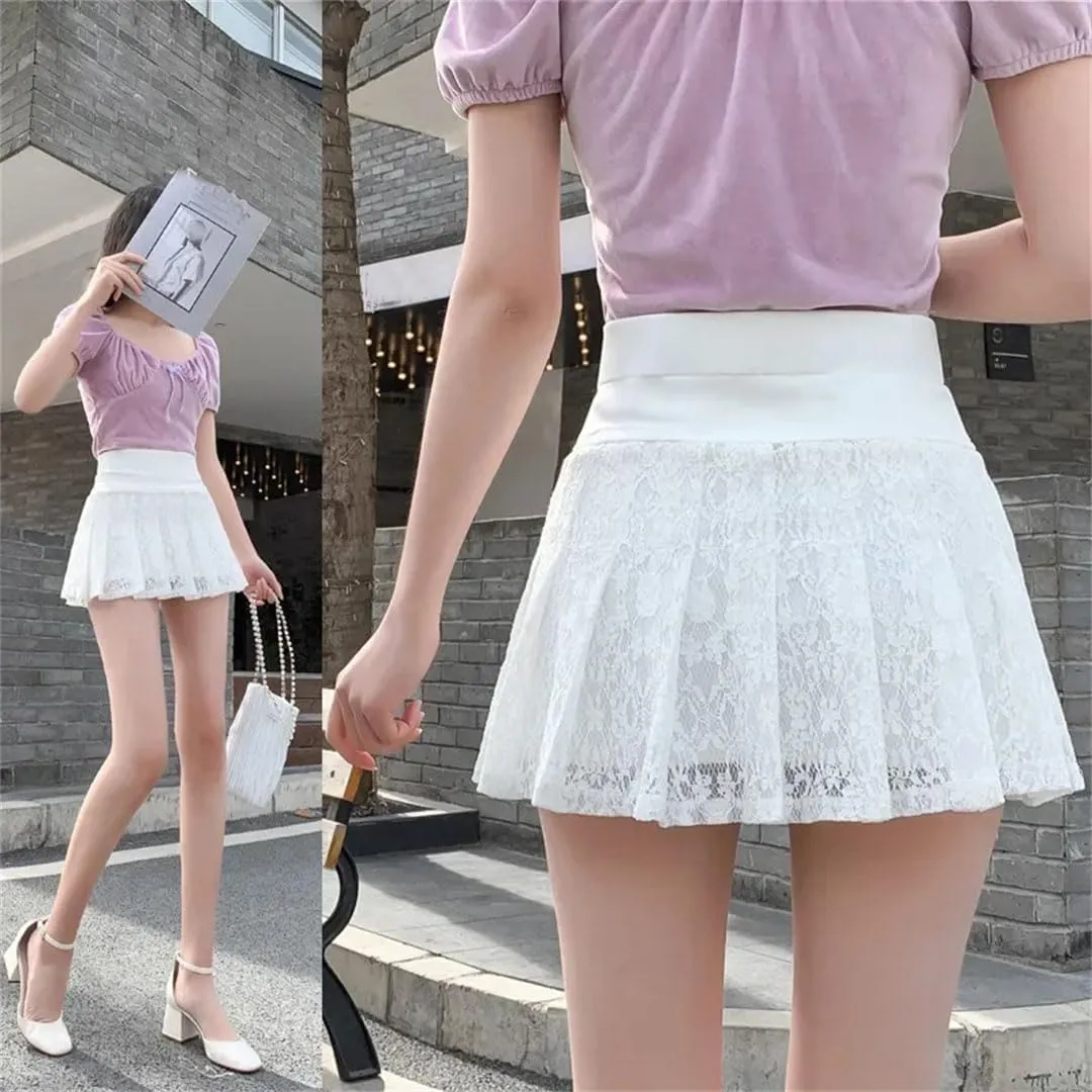 Women High Waist Mini Skirt Lace Fashion Pleated Skirts