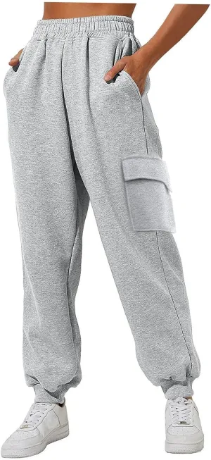 Women Jogger Pants Solid Loose Fit Straight Leg Pants Elastic High Waist Trousers with Pockets, for Workout Running Outdoor