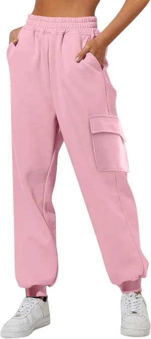 Women Jogger Pants Solid Loose Fit Straight Leg Pants Elastic High Waist Trousers with Pockets, for Workout Running Outdoor