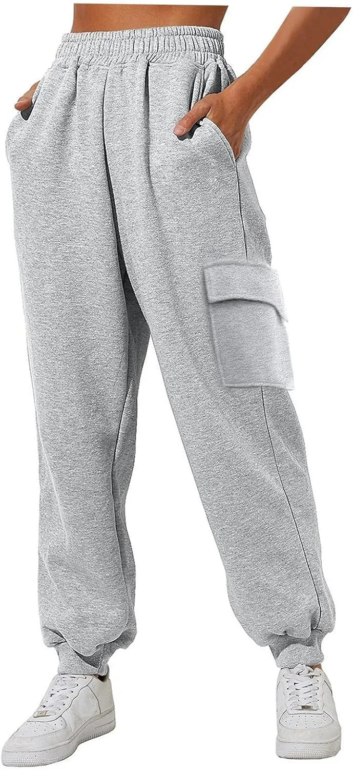 Women Jogger Pants Solid Loose Fit Straight Leg Pants Elastic High Waist Trousers with Pockets, for Workout Running Outdoor