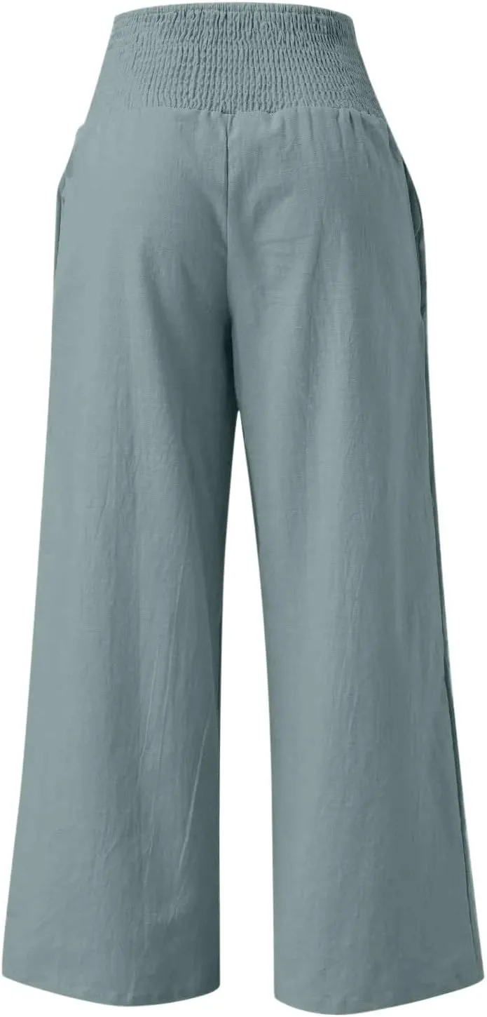 Women Linen Palazzo Pants Summer Wide Leg High Waist Trousers Casual Lounge Pant 2025 Beach Travel Vacation Outfits