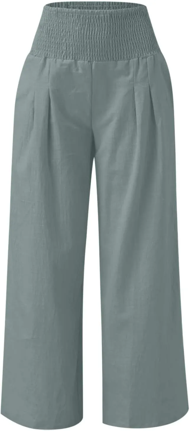 Women Linen Palazzo Pants Summer Wide Leg High Waist Trousers Casual Lounge Pant 2025 Beach Travel Vacation Outfits