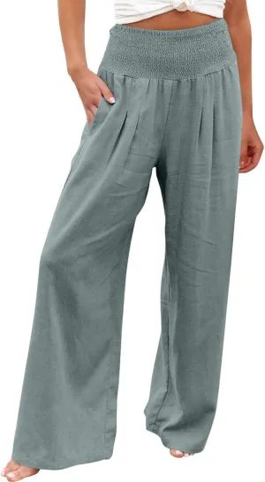 Women Linen Palazzo Pants Summer Wide Leg High Waist Trousers Casual Lounge Pant 2025 Beach Travel Vacation Outfits