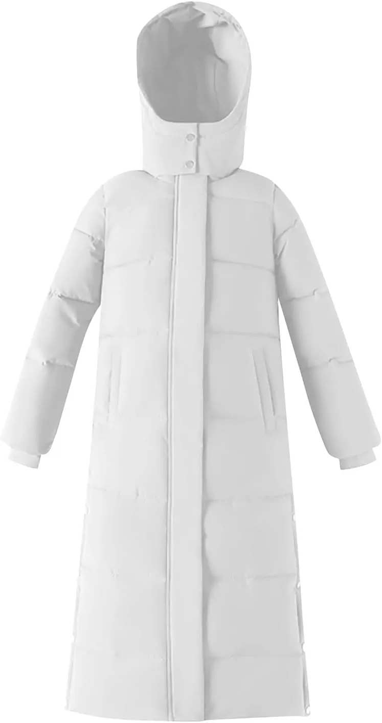 Women Long Quilted Puffer Coat Hooded Maxi Length Long Sleeve down Jacket Padded Coat Outerwear with Side Button Hem