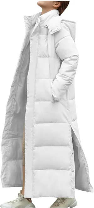 Women Long Quilted Puffer Coat Hooded Maxi Length Long Sleeve down Jacket Padded Coat Outerwear with Side Button Hem