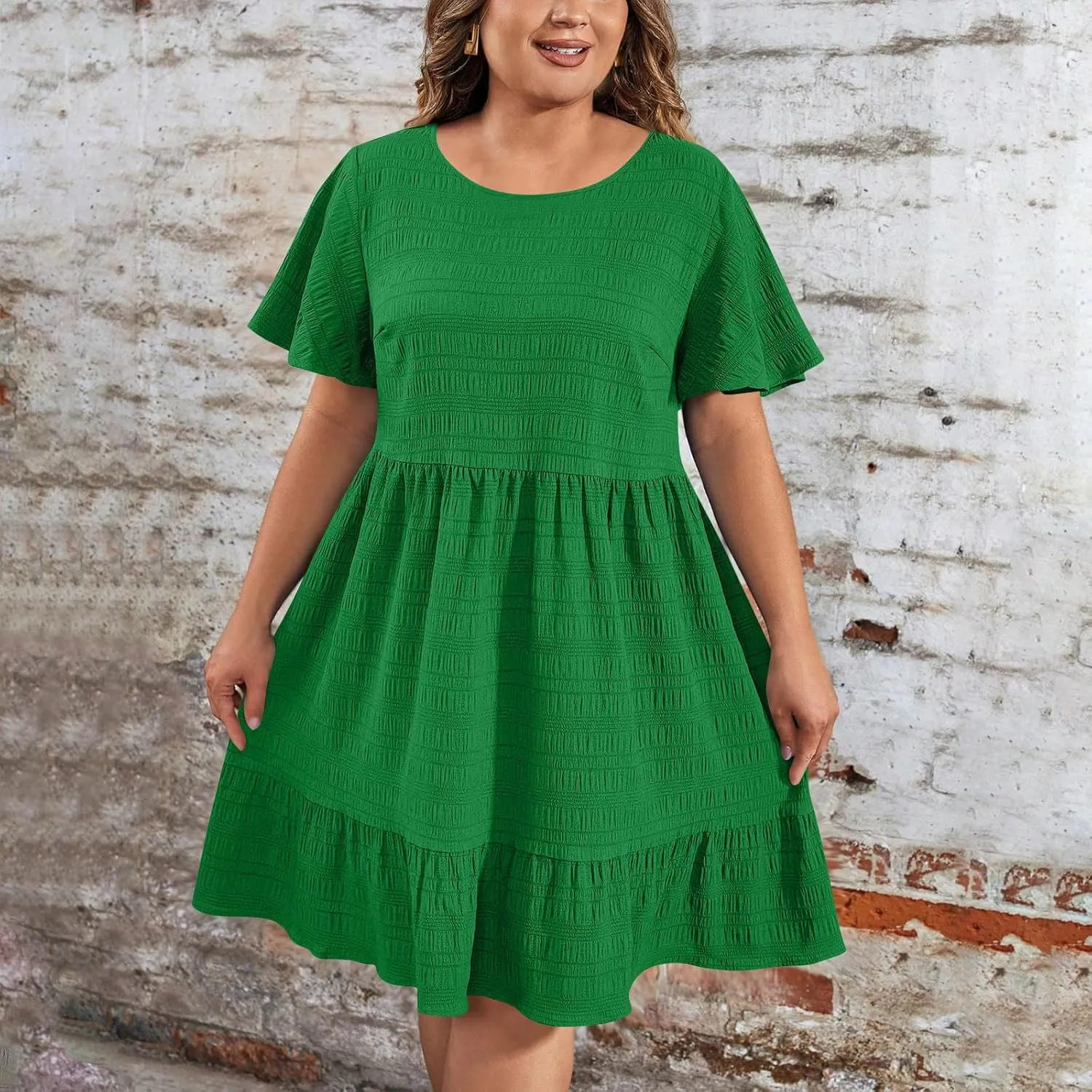 Women Oversized Ruffle Hem A-Line Dresses Summer Bubble Textured Knee Length Dresses Casual Short Sleeve Boho Dress