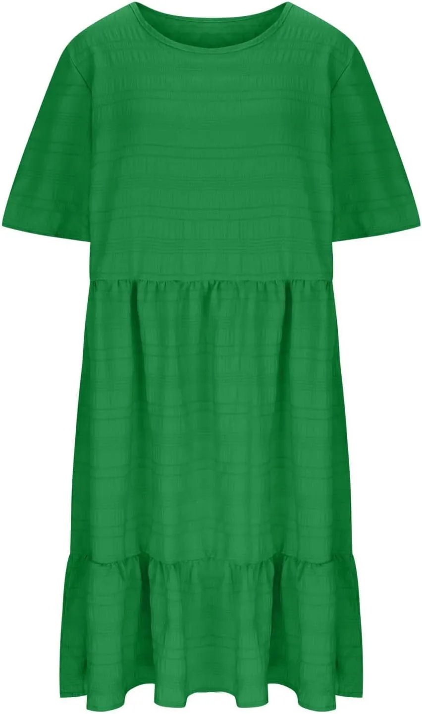 Women Oversized Ruffle Hem A-Line Dresses Summer Bubble Textured Knee Length Dresses Casual Short Sleeve Boho Dress