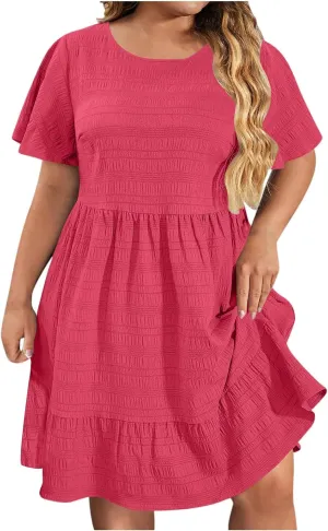 Women Oversized Ruffle Hem A-Line Dresses Summer Bubble Textured Knee Length Dresses Casual Short Sleeve Boho Dress