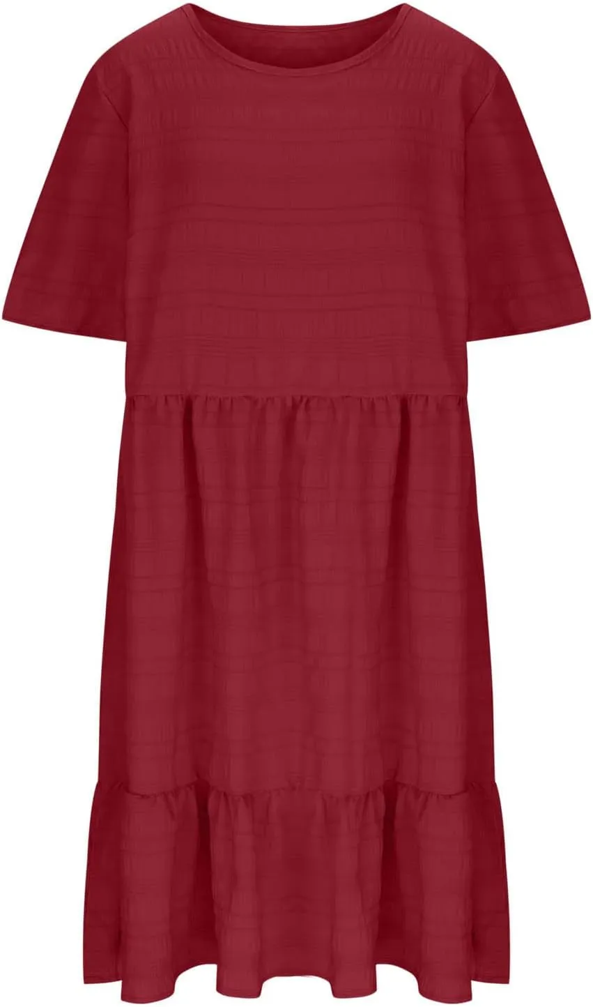Women Oversized Ruffle Hem A-Line Dresses Summer Bubble Textured Knee Length Dresses Casual Short Sleeve Boho Dress