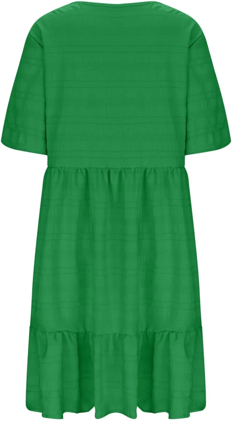 Women Oversized Ruffle Hem A-Line Dresses Summer Bubble Textured Knee Length Dresses Casual Short Sleeve Boho Dress
