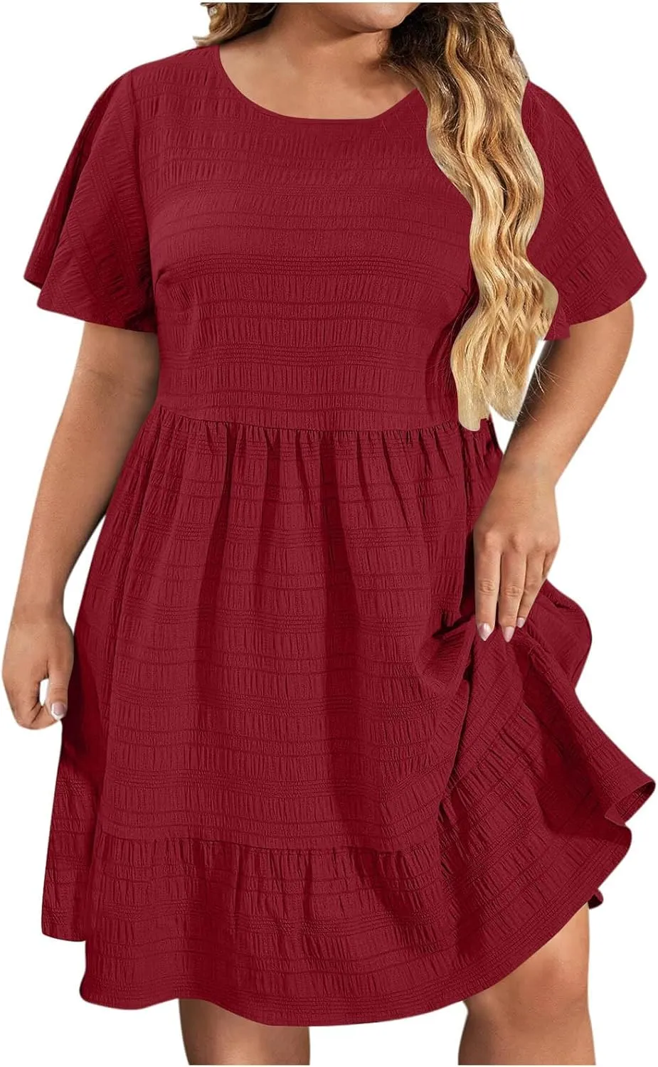 Women Oversized Ruffle Hem A-Line Dresses Summer Bubble Textured Knee Length Dresses Casual Short Sleeve Boho Dress