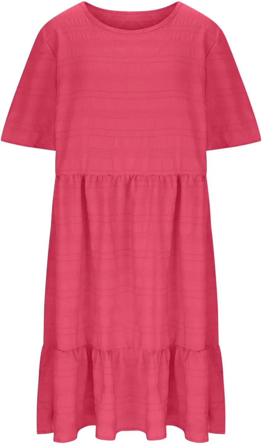 Women Oversized Ruffle Hem A-Line Dresses Summer Bubble Textured Knee Length Dresses Casual Short Sleeve Boho Dress