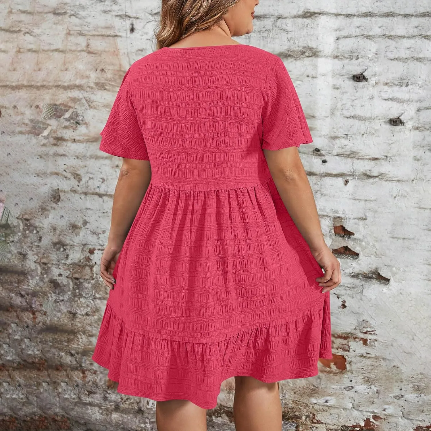 Women Oversized Ruffle Hem A-Line Dresses Summer Bubble Textured Knee Length Dresses Casual Short Sleeve Boho Dress