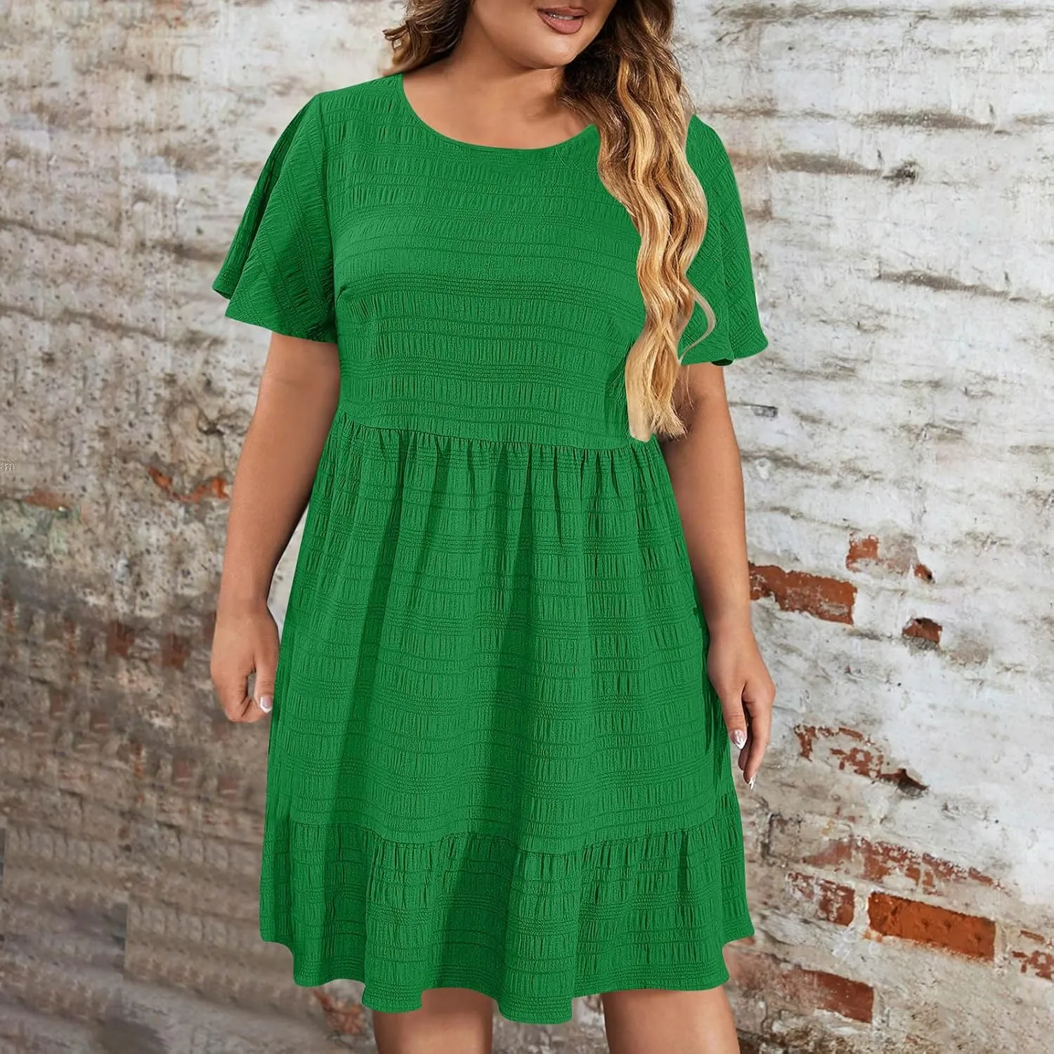 Women Oversized Ruffle Hem A-Line Dresses Summer Bubble Textured Knee Length Dresses Casual Short Sleeve Boho Dress