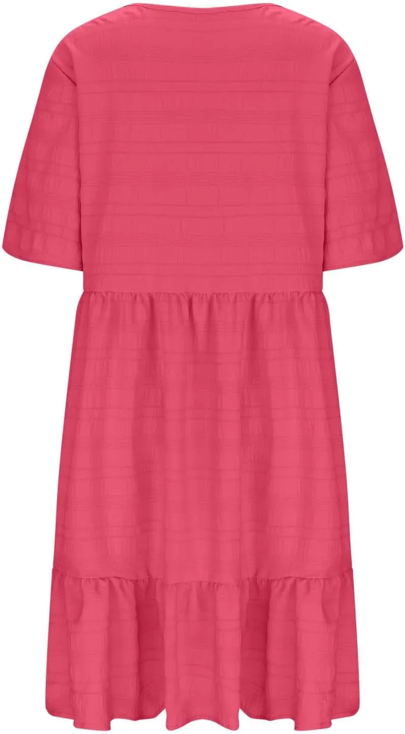 Women Oversized Ruffle Hem A-Line Dresses Summer Bubble Textured Knee Length Dresses Casual Short Sleeve Boho Dress