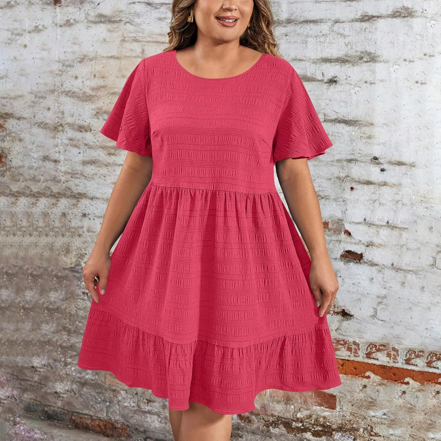 Women Oversized Ruffle Hem A-Line Dresses Summer Bubble Textured Knee Length Dresses Casual Short Sleeve Boho Dress