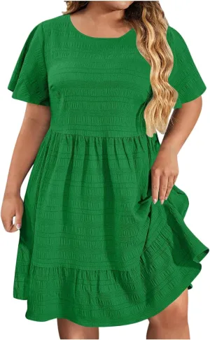 Women Oversized Ruffle Hem A-Line Dresses Summer Bubble Textured Knee Length Dresses Casual Short Sleeve Boho Dress