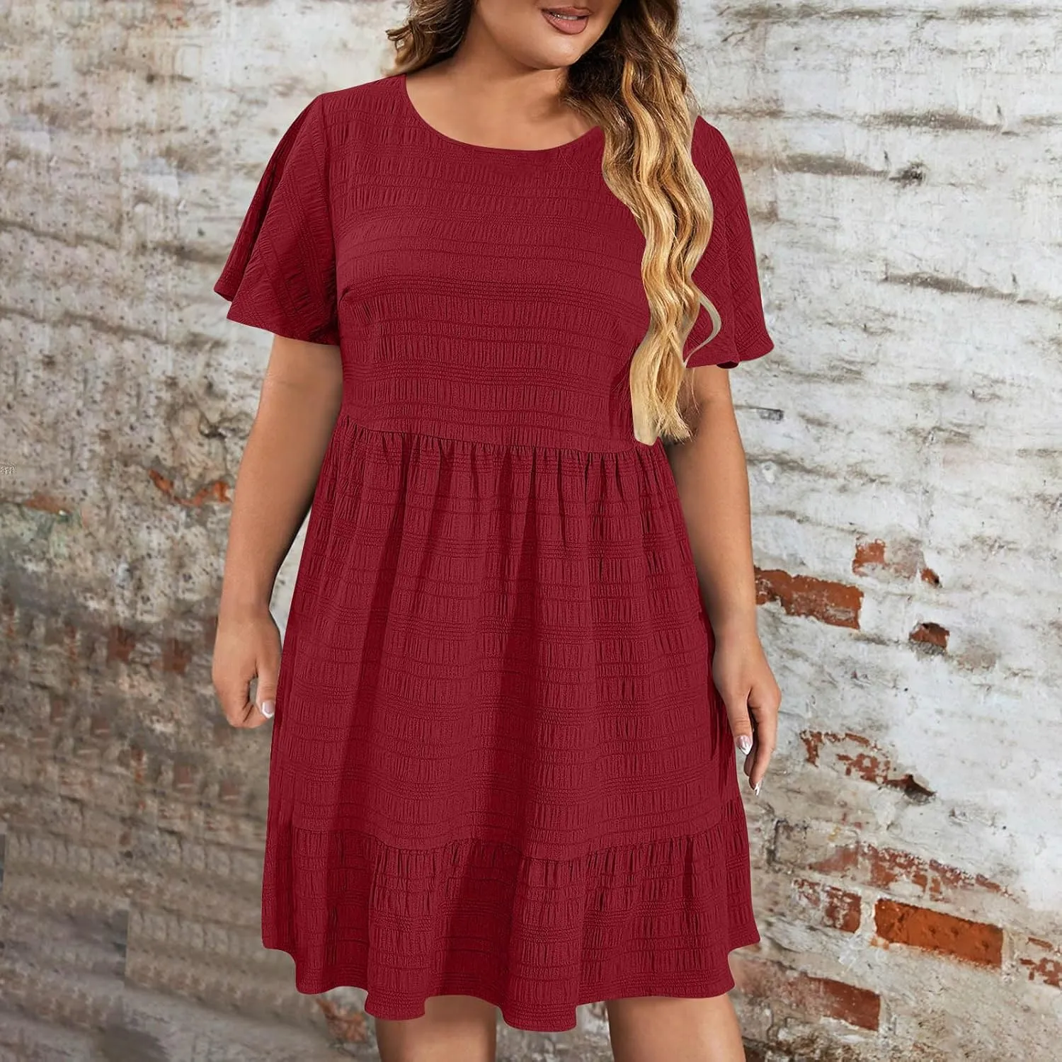 Women Oversized Ruffle Hem A-Line Dresses Summer Bubble Textured Knee Length Dresses Casual Short Sleeve Boho Dress
