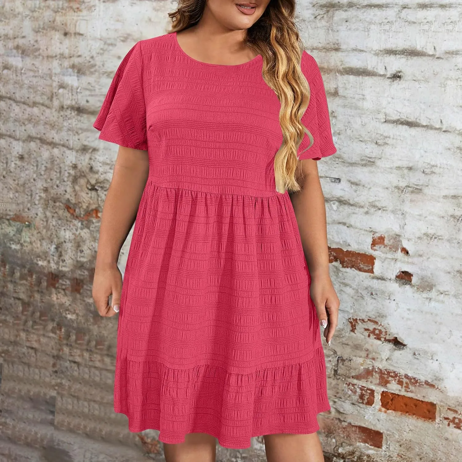 Women Oversized Ruffle Hem A-Line Dresses Summer Bubble Textured Knee Length Dresses Casual Short Sleeve Boho Dress