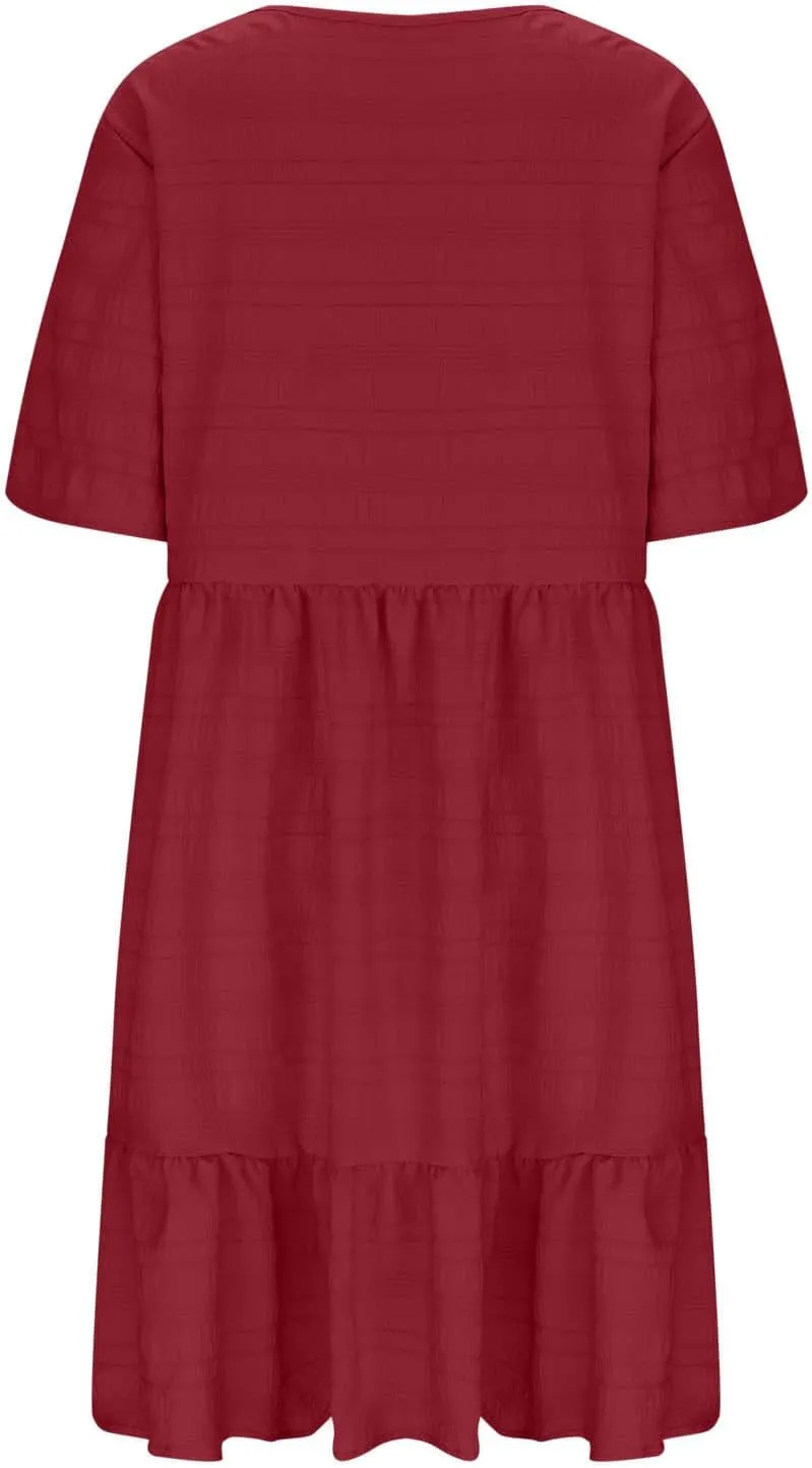 Women Oversized Ruffle Hem A-Line Dresses Summer Bubble Textured Knee Length Dresses Casual Short Sleeve Boho Dress