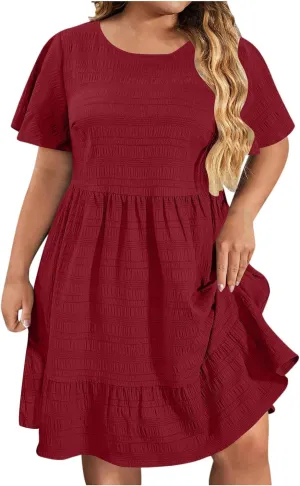 Women Oversized Ruffle Hem A-Line Dresses Summer Bubble Textured Knee Length Dresses Casual Short Sleeve Boho Dress