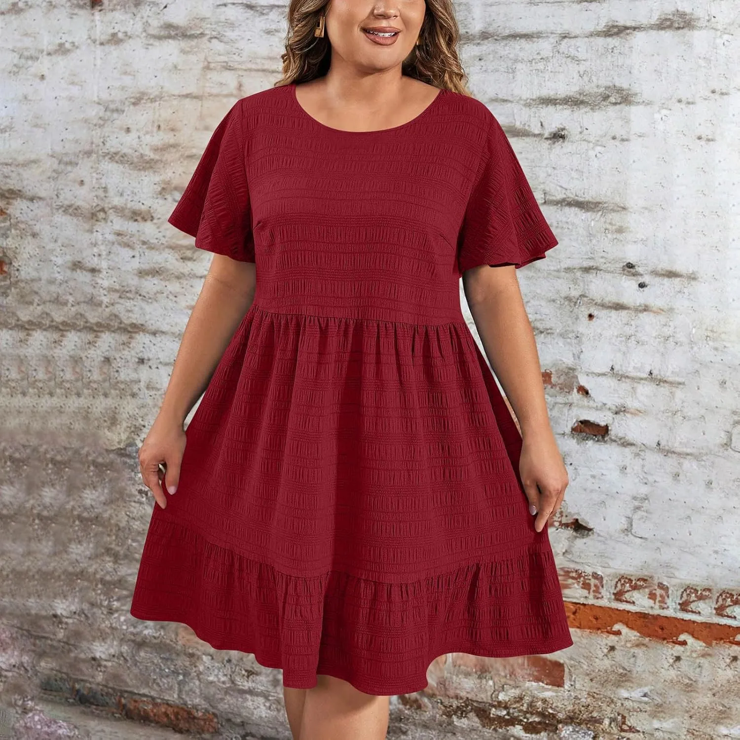 Women Oversized Ruffle Hem A-Line Dresses Summer Bubble Textured Knee Length Dresses Casual Short Sleeve Boho Dress