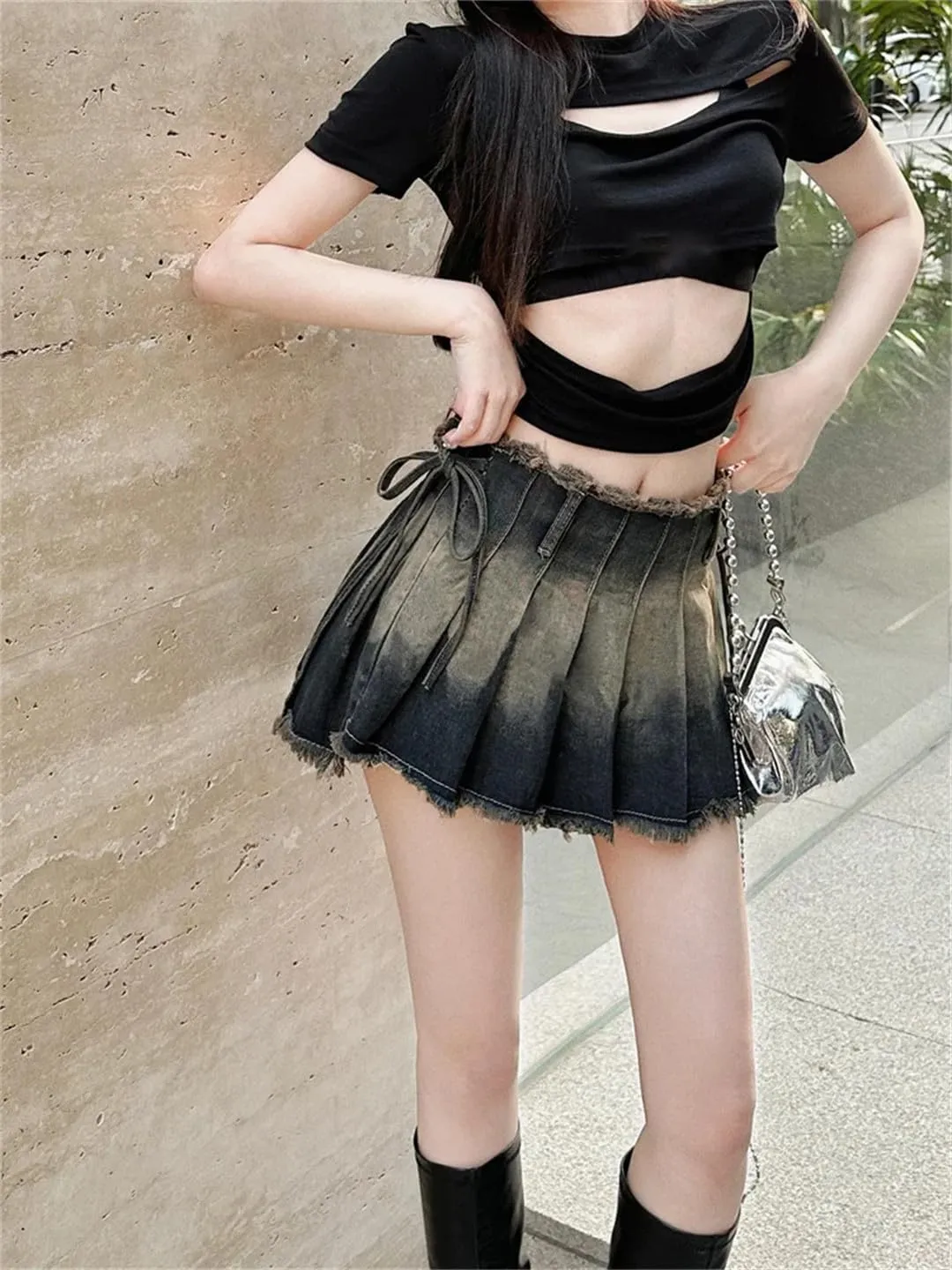 Women Pleated Skirts Slim Summer Denim Schoolgirls Mini Skirts