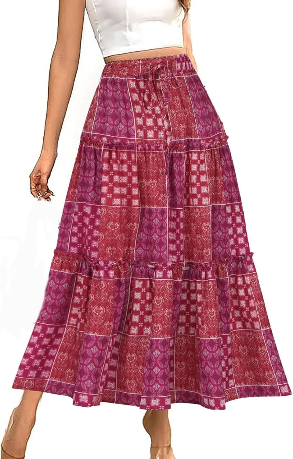 Women Retro Boho Print Swing Skirt, Tiered Ruffle Smocked Casual Skirts Elastic High Waist Drawstring Trendy Clothes