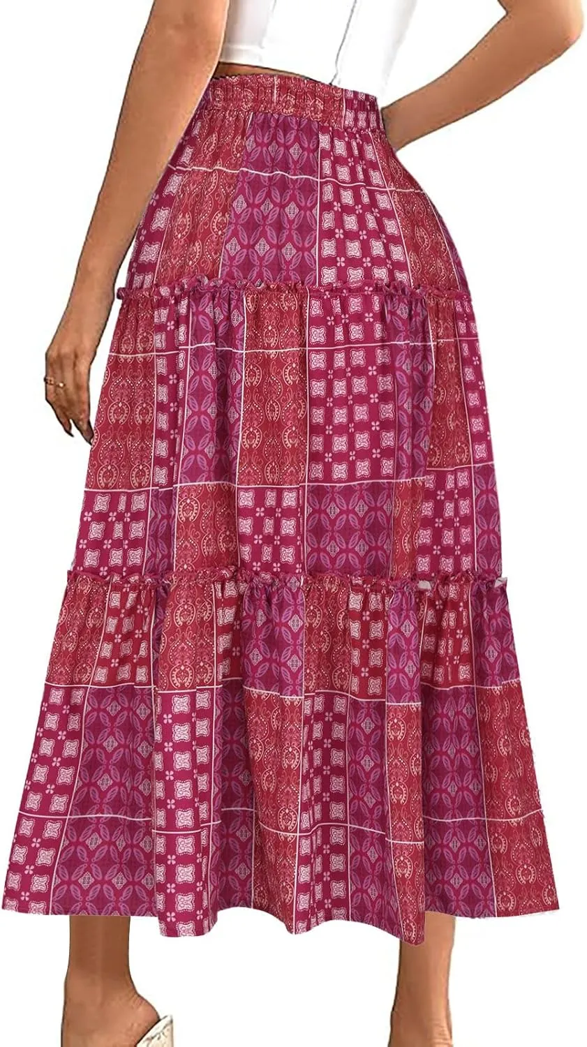 Women Retro Boho Print Swing Skirt, Tiered Ruffle Smocked Casual Skirts Elastic High Waist Drawstring Trendy Clothes