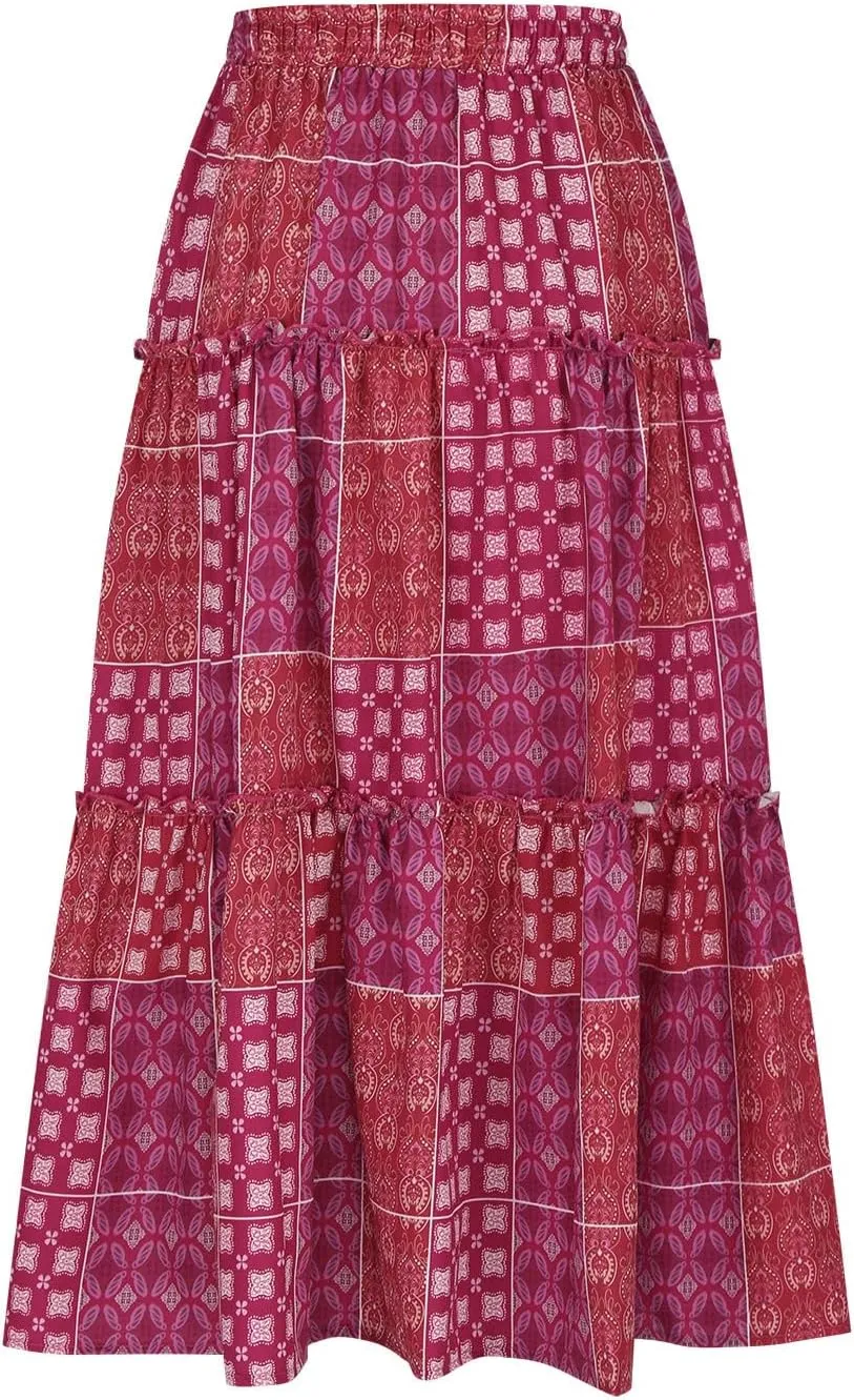 Women Retro Boho Print Swing Skirt, Tiered Ruffle Smocked Casual Skirts Elastic High Waist Drawstring Trendy Clothes